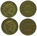 10 Rappen 1918 + 1919 Messing, 2 Münzen
