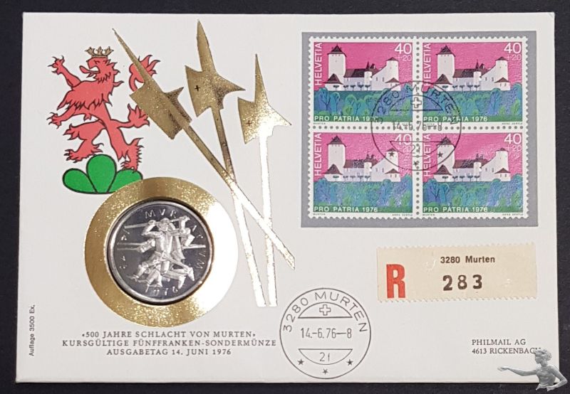 Numisbrief gestempelt 1976 mit 5 Franken 1976 anl&auml;sslich 500 J. Schlacht bei Murten