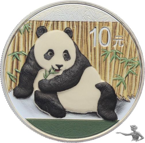 China Panda 2015 - Silberm&uuml;nze zu 30 Gramm 999 Silber - coloriert, mit gr&uuml;nem Teppich