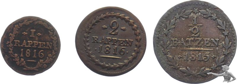 Aargau 1 Rappen 1816, 2 Rappen 1816 & 5 Rappen 1815 (3 M&uuml;nzen)