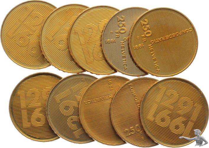 5 St&uuml;ck 250 Franken 1991 B - Gold - 8.00 g., 0.900 Gold