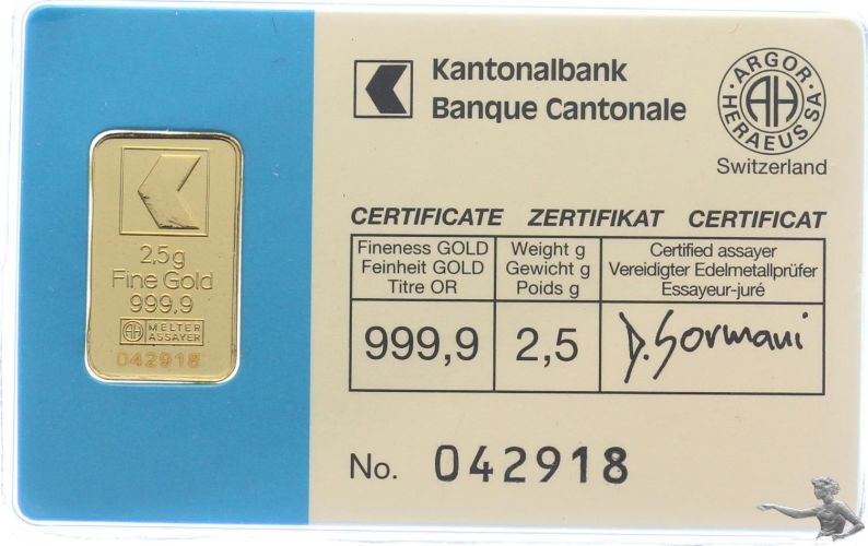 Goldbarren zu 2.5 Gramm 999.9 - Argor Heraeus - Zertifikat 042918