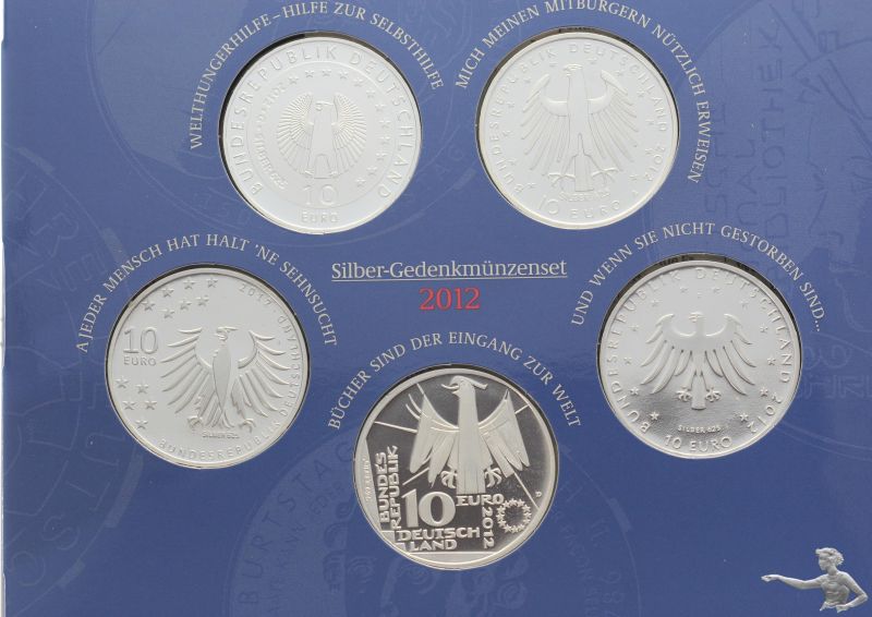 Deutschland 2 x 10 Euro-Silber-Gedenkm&uuml;nzenset, 2012 + 2014, je 5 M&uuml;nzen = 10 M&uuml;nzen
