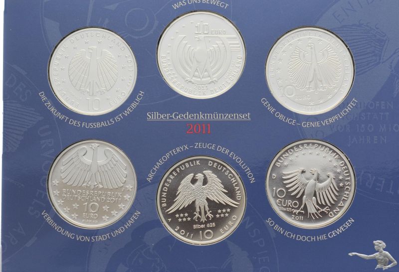 Deutschland 2 x 10 Euro-Silber-Gedenkm&uuml;nzenset, 2011 + 2013, je 5 + 6 M&uuml;nzen = 11 M&uuml;nzen